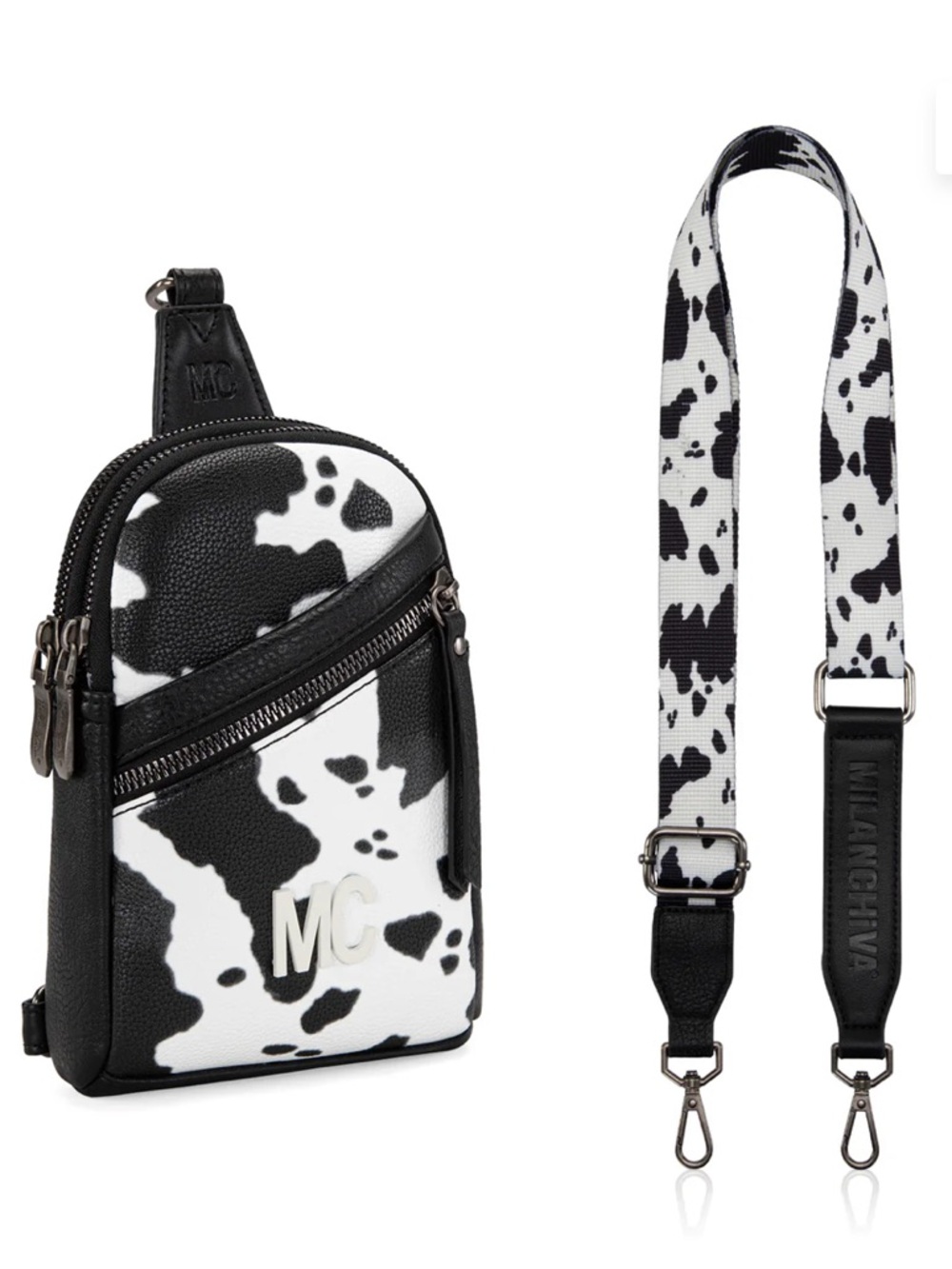 Cow-Print Sling Crossbody Bag in Black & White - Picture 5 of 9